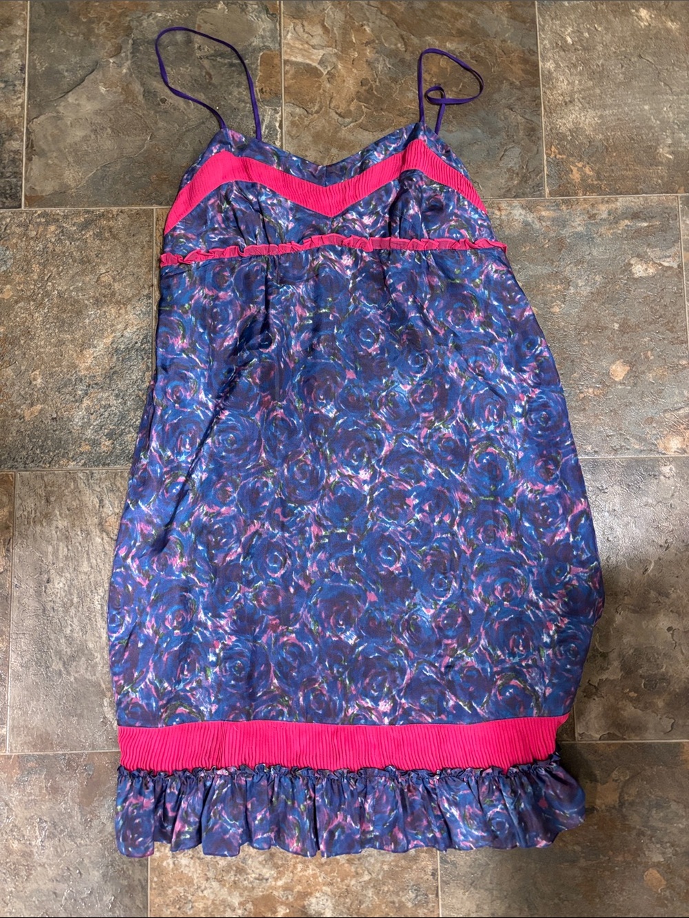 Betsey Johnson Y2K Babydoll Mini Silk Slip Dress Purple w Pink Ruffle Details - Picture 2 of 6